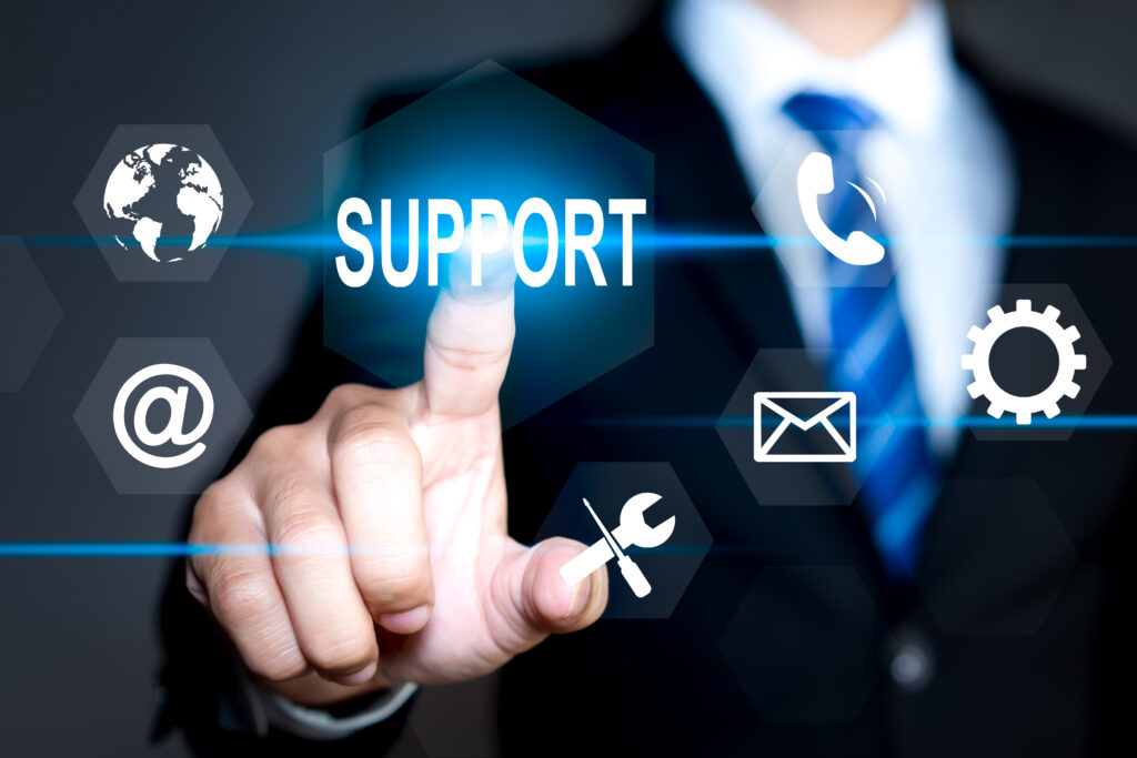 businessman pressing button on virtual screens technical support. customer help. business and technology concept